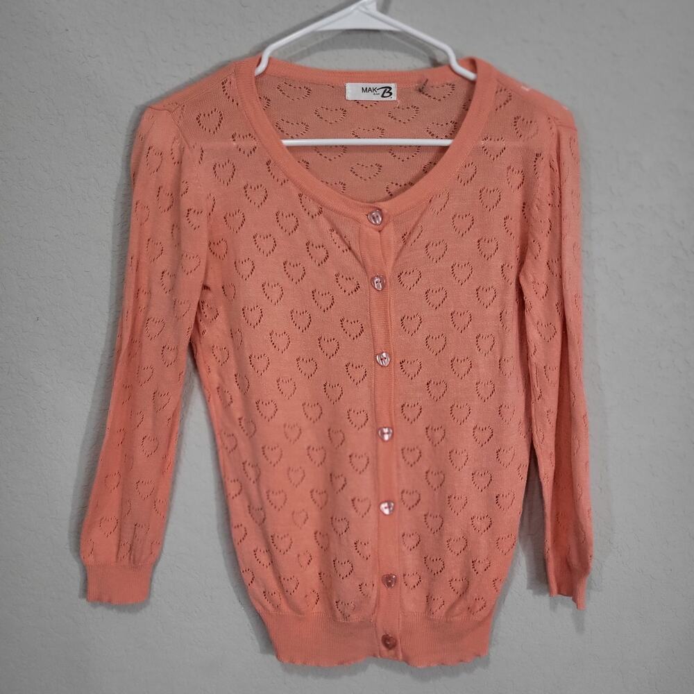 MAK by Mak B Peach Coral Cardigan Womens Small Sweater Hearts Modcloth Button up